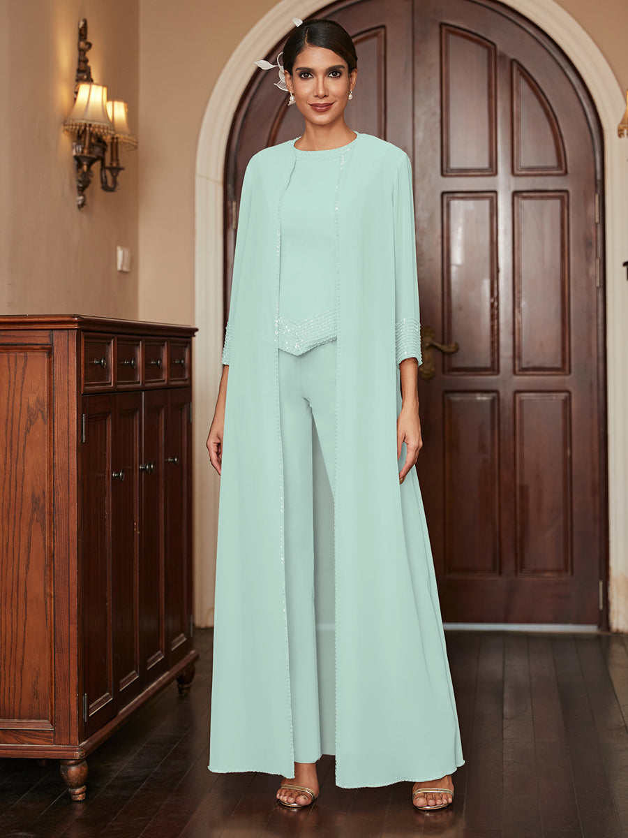 Chiffon Scoop 3/4 Sleeves 3 Pieces Pantsuits with Sequins &amp; Jacket