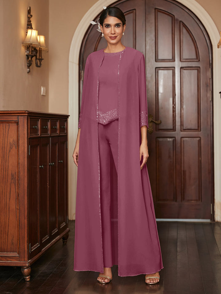 Chiffon Scoop 3/4 Sleeves 3 Pieces Pantsuits with Sequins &amp; Jacket