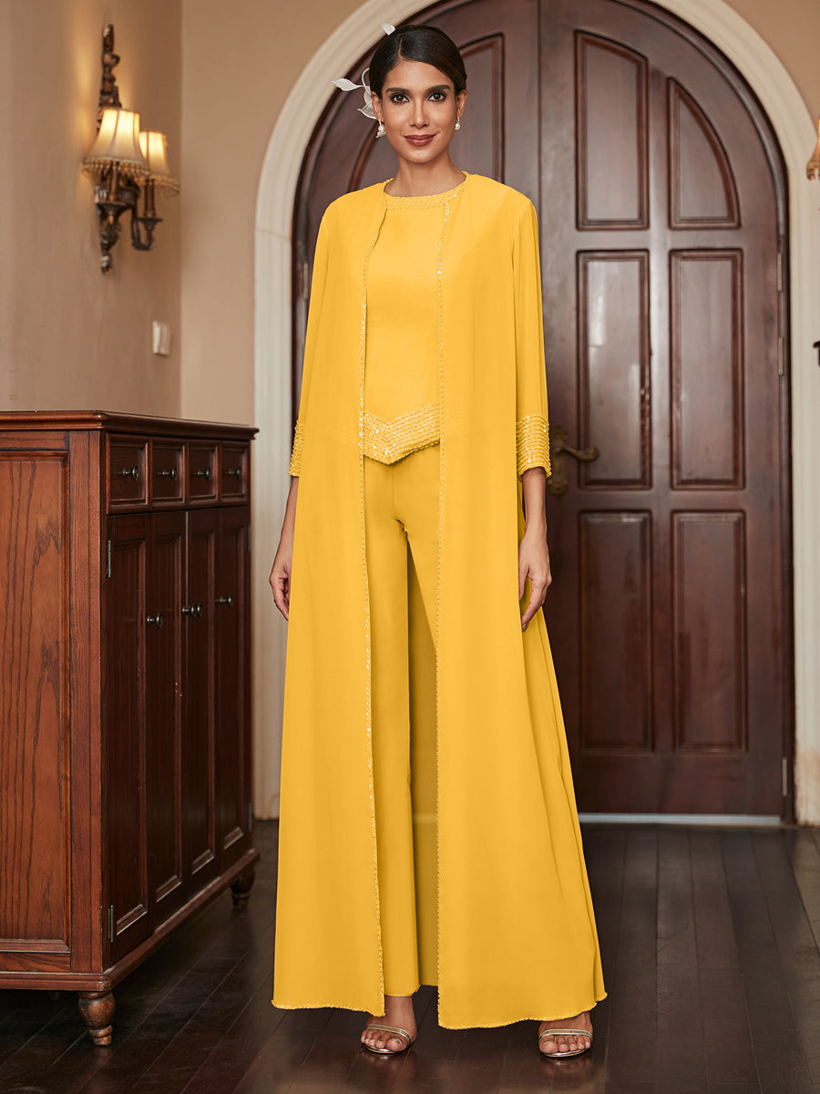 Chiffon Scoop 3/4 Sleeves 3 Pieces Pantsuits with Sequins &amp; Jacket