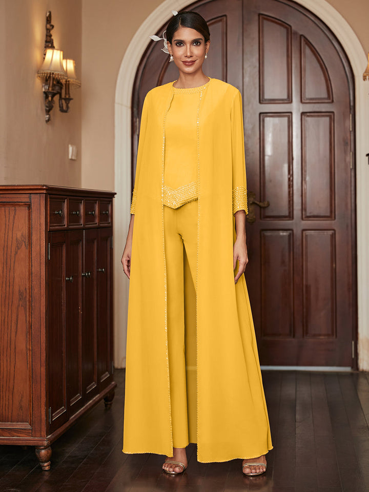 Chiffon Scoop 3/4 Sleeves 3 Pieces Pantsuits with Sequins &amp; Jacket