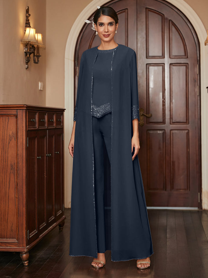 Chiffon Scoop 3/4 Sleeves 3 Pieces Pantsuits with Sequins &amp; Jacket
