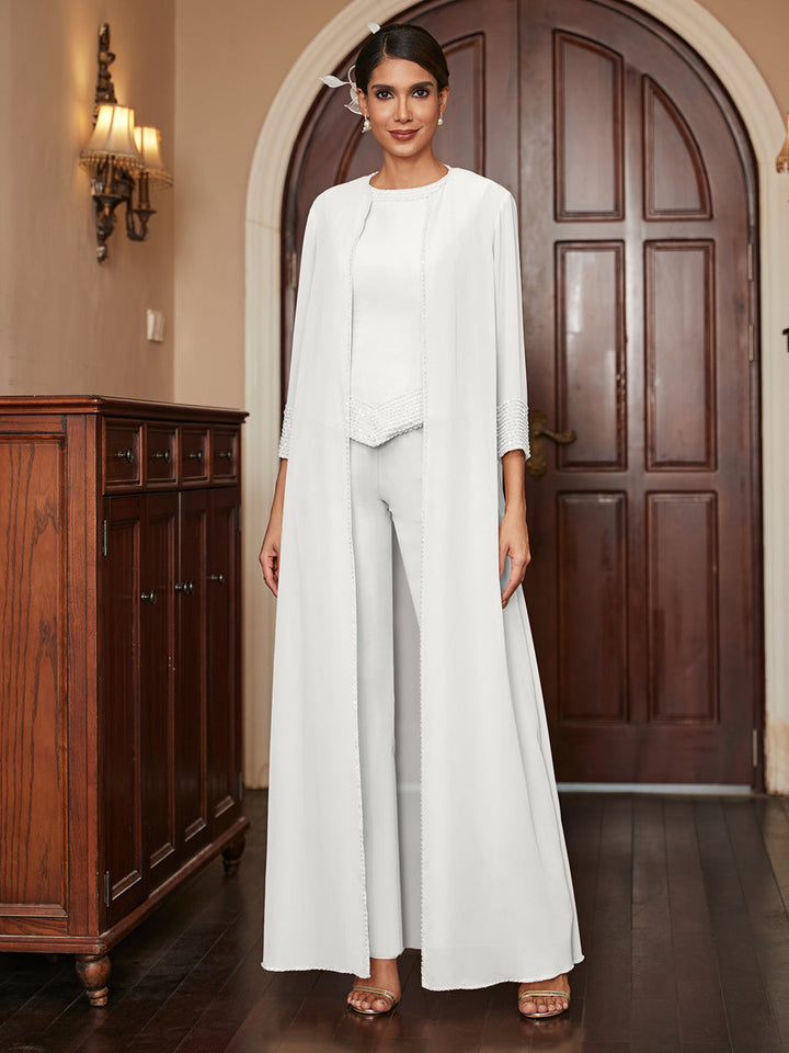 Chiffon Scoop 3/4 Sleeves 3 Pieces Pantsuits with Sequins &amp; Jacket