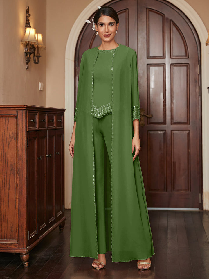 Chiffon Scoop 3/4 Sleeves 3 Pieces Pantsuits with Sequins &amp; Jacket
