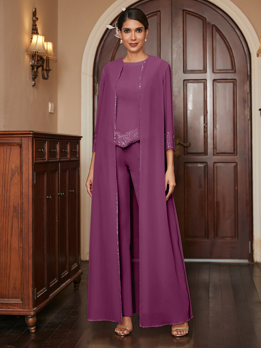 Chiffon Scoop 3/4 Sleeves 3 Pieces Pantsuits with Sequins &amp; Jacket
