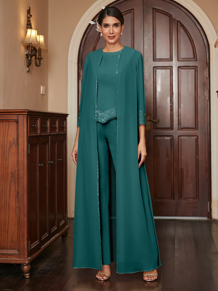 Chiffon Scoop 3/4 Sleeves 3 Pieces Pantsuits with Sequins &amp; Jacket