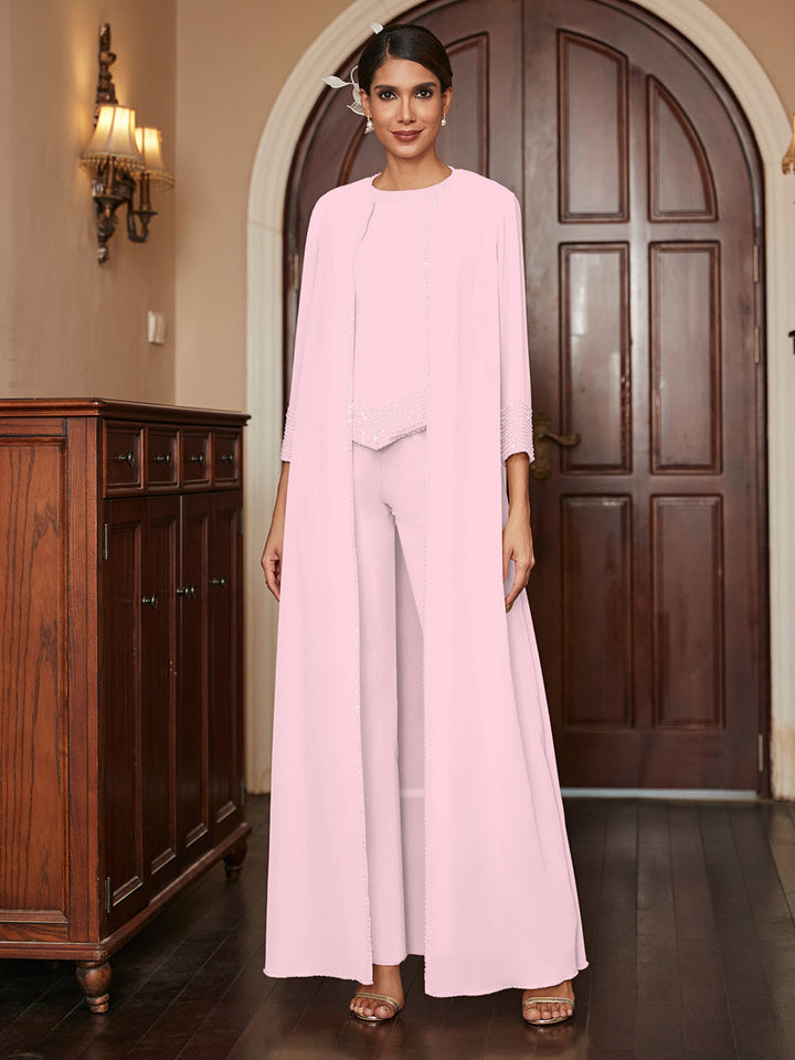 Chiffon Scoop 3/4 Sleeves 3 Pieces Pantsuits with Sequins &amp; Jacket