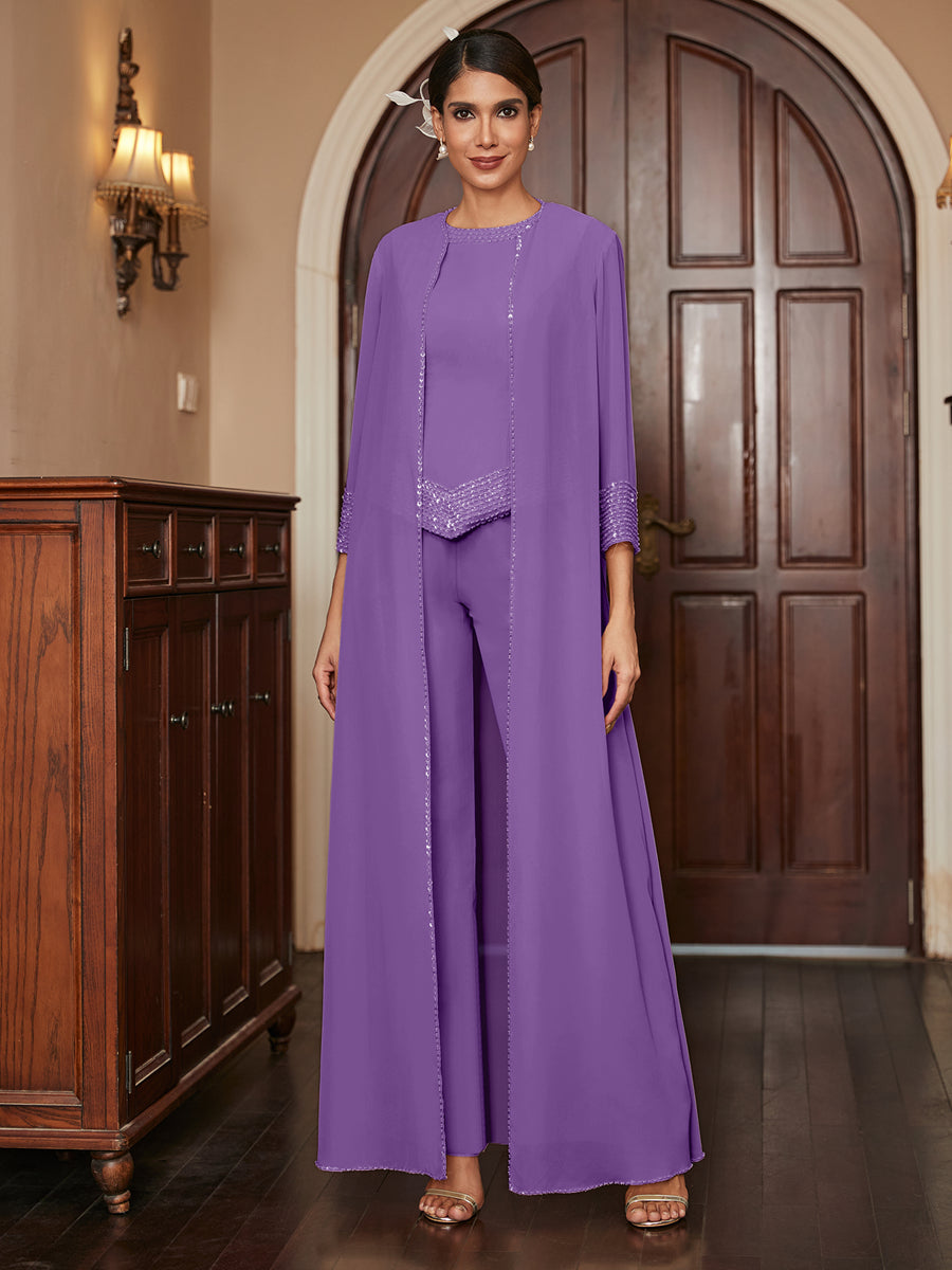 Chiffon Scoop 3/4 Sleeves 3 Pieces Pantsuits with Sequins &amp; Jacket