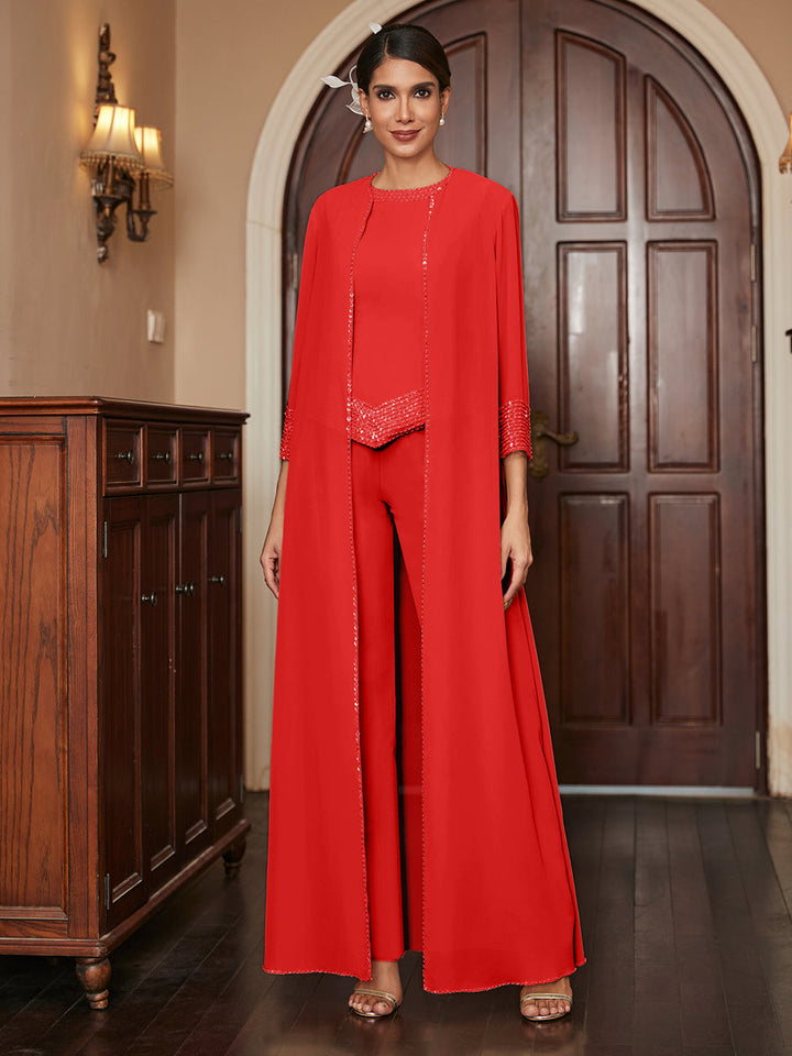 Chiffon Scoop 3/4 Sleeves 3 Pieces Pantsuits with Sequins &amp; Jacket