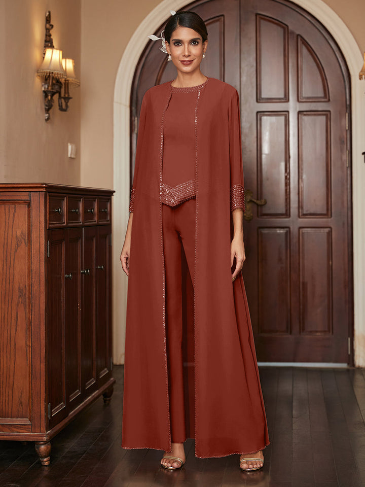 Chiffon Scoop 3/4 Sleeves 3 Pieces Pantsuits with Sequins &amp; Jacket