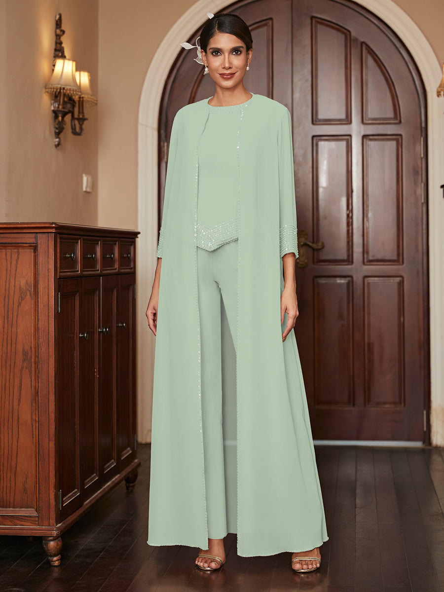 Chiffon Scoop 3/4 Sleeves 3 Pieces Pantsuits with Sequins &amp; Jacket