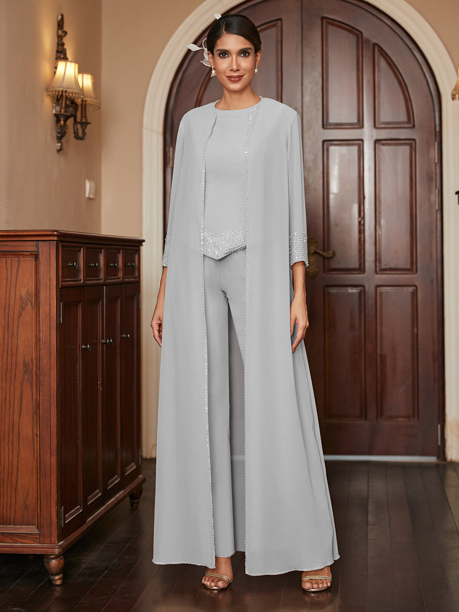 Chiffon Scoop 3/4 Sleeves 3 Pieces Pantsuits with Sequins &amp; Jacket