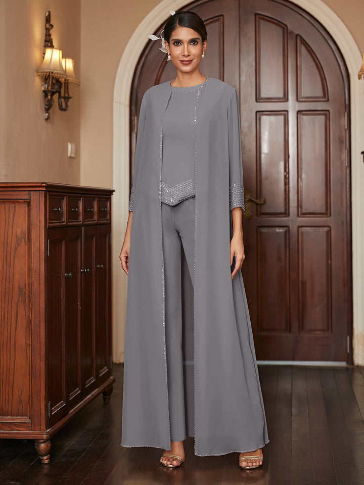Chiffon Scoop 3/4 Sleeves 3 Pieces Pantsuits with Sequins &amp; Jacket