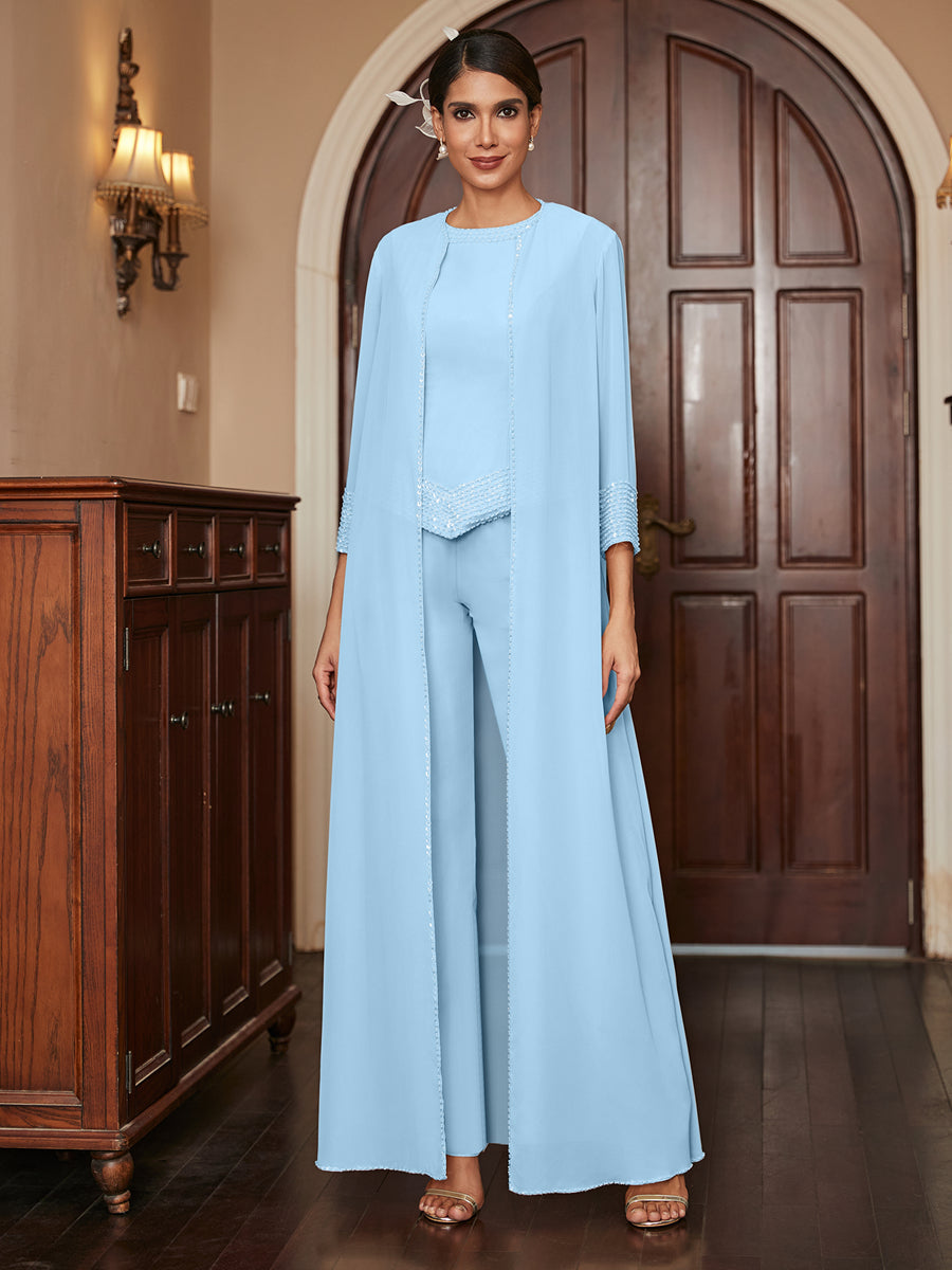 Chiffon Scoop 3/4 Sleeves 3 Pieces Pantsuits with Sequins &amp; Jacket