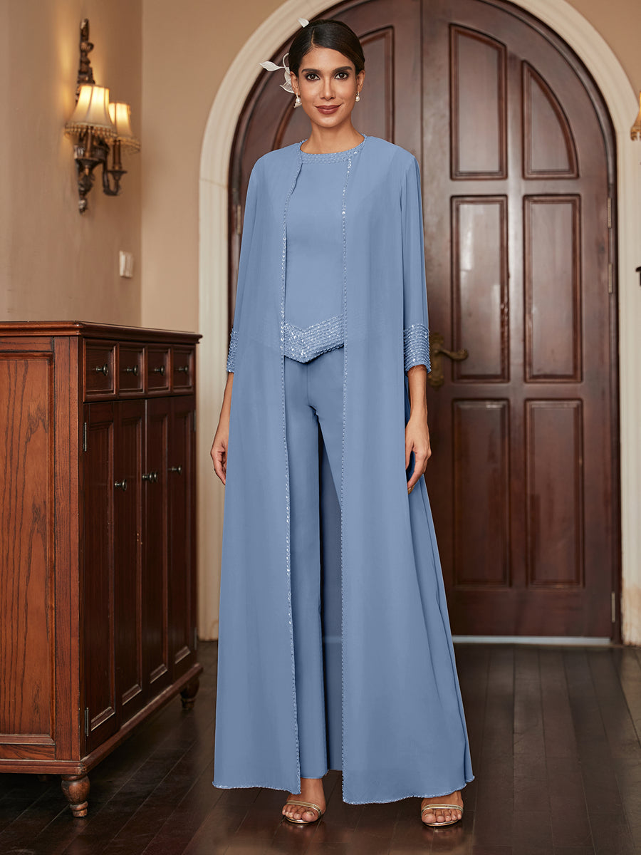 Chiffon Scoop 3/4 Sleeves 3 Pieces Pantsuits with Sequins &amp; Jacket