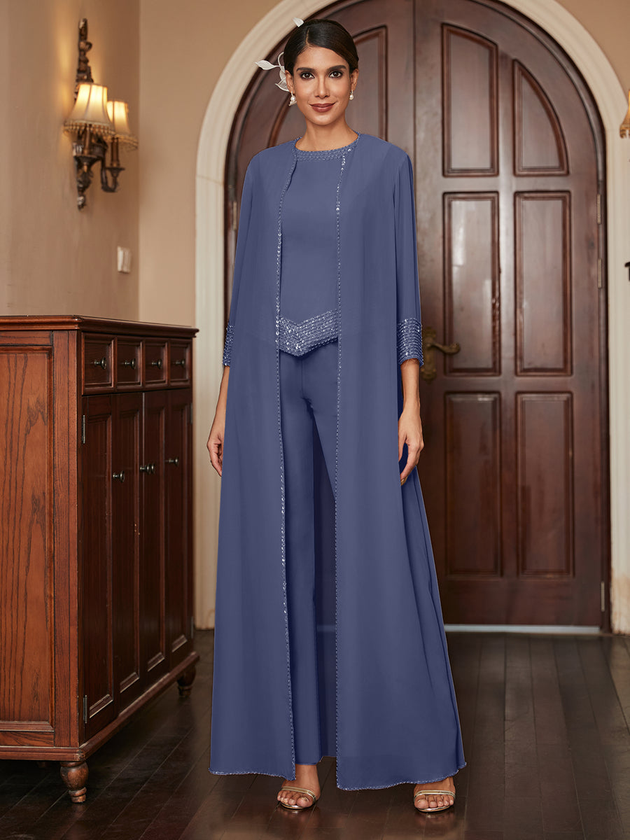 Chiffon Scoop 3/4 Sleeves 3 Pieces Pantsuits with Sequins &amp; Jacket