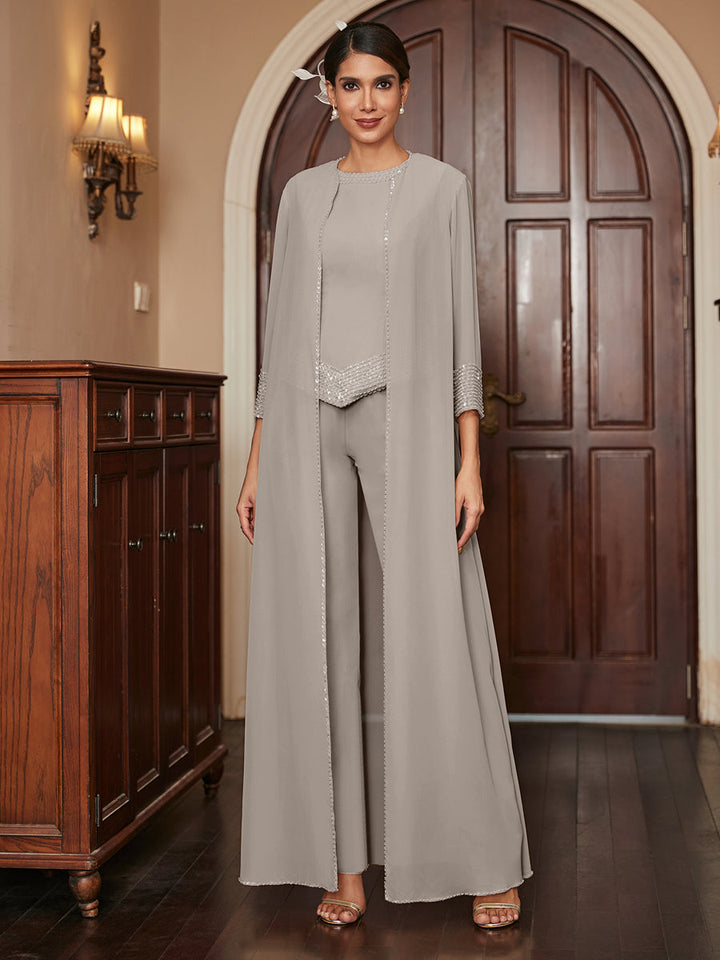 Chiffon Scoop 3/4 Sleeves 3 Pieces Pantsuits with Sequins &amp; Jacket
