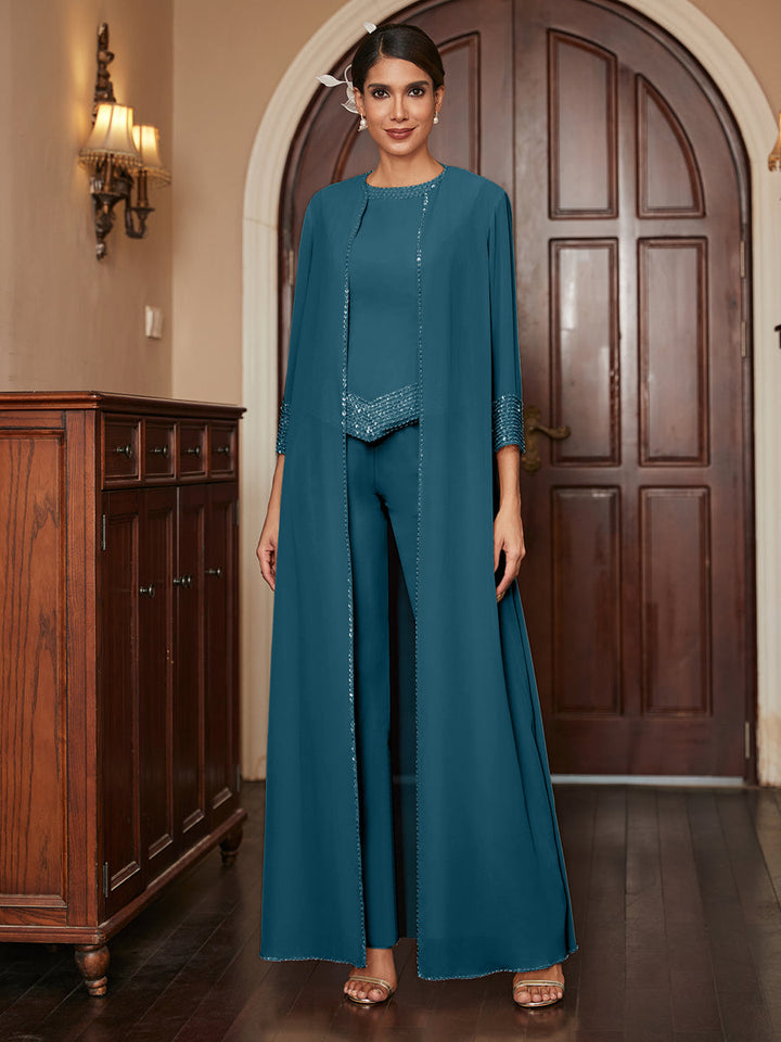 Chiffon Scoop 3/4 Sleeves 3 Pieces Pantsuits with Sequins &amp; Jacket