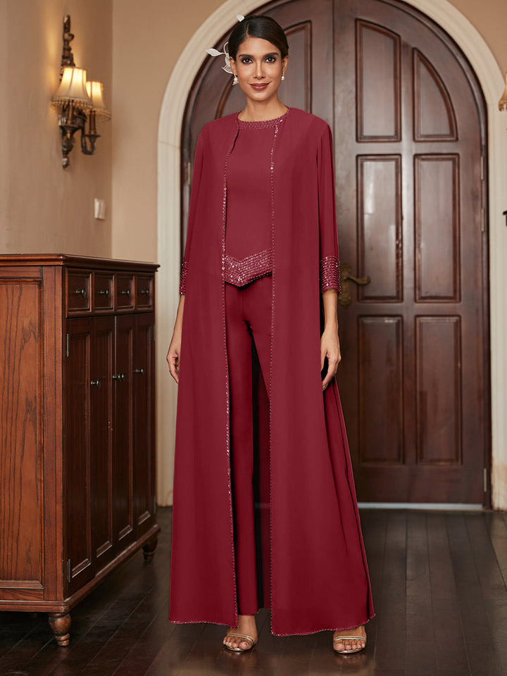 Chiffon Scoop 3/4 Sleeves 3 Pieces Pantsuits with Sequins &amp; Jacket