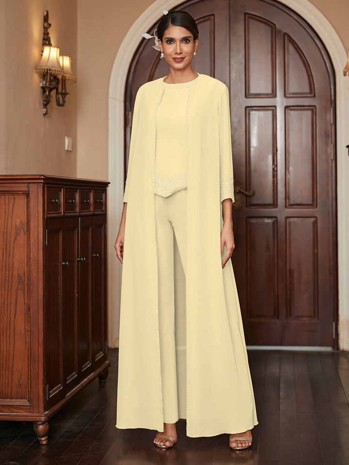 Chiffon Scoop 3/4 Sleeves 3 Pieces Pantsuits with Sequins &amp; Jacket