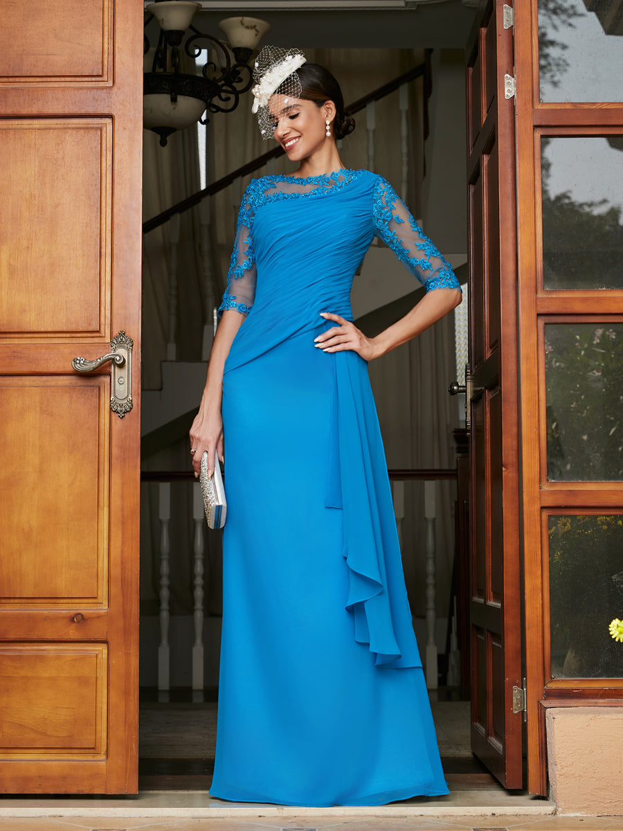 Sheath/Column Scoop Half Sleeves Long Evening Dresses with Appliques