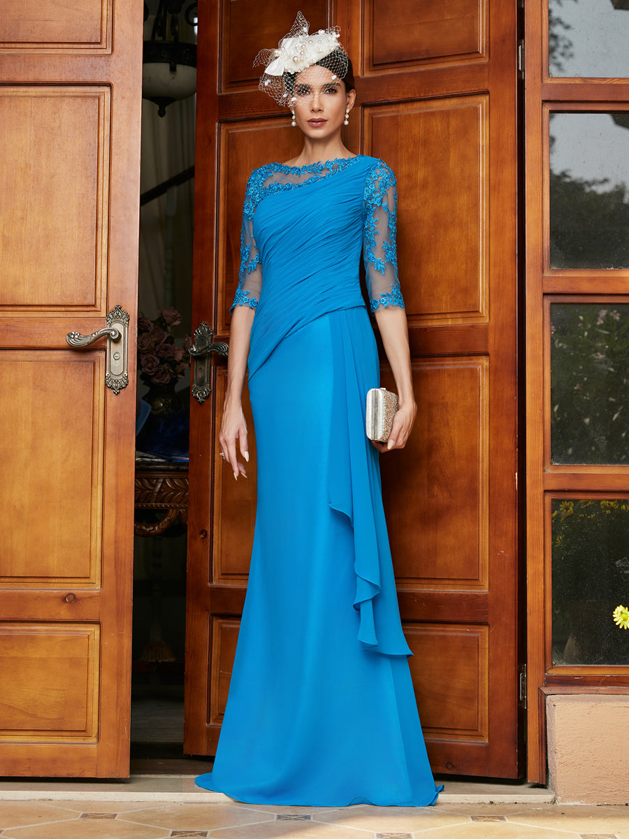 Sheath/Column Scoop Half Sleeves Long Evening Dresses with Appliques