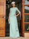 Sheath/Column Scoop Half Sleeves Long Evening Dresses with Appliques