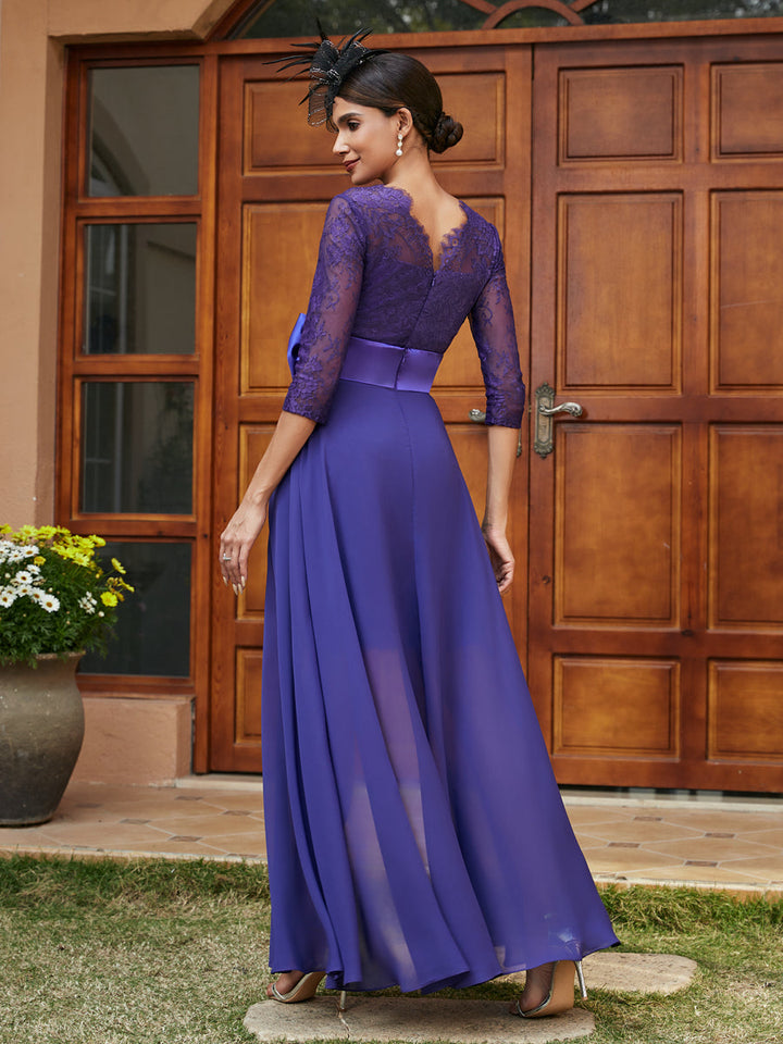 Sheath/Column V-Neck 3/4 Sleeves Lace Evening Dresses with Watteau Train &amp; Bowknot