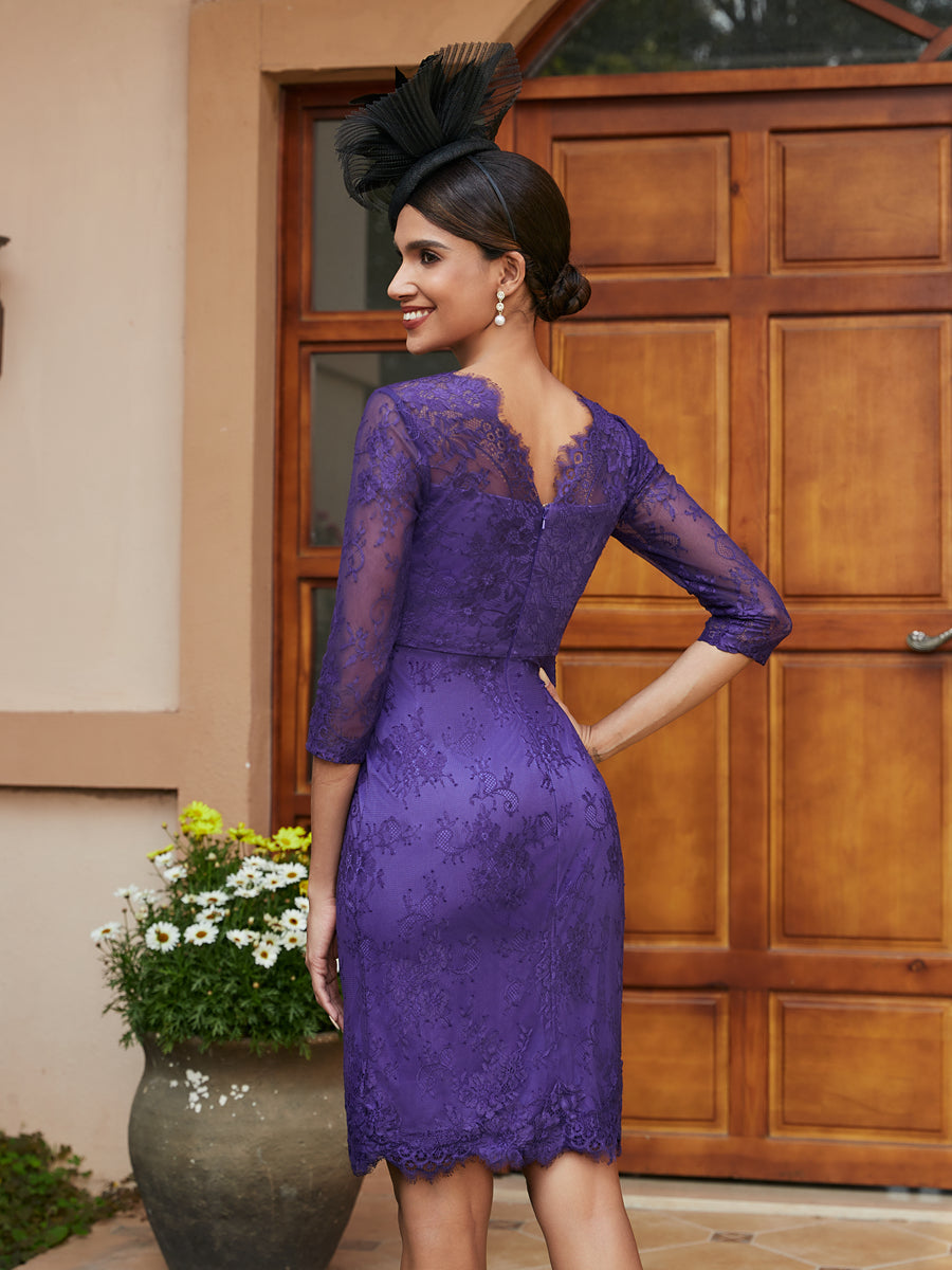 Sheath/Column V-Neck 3/4 Sleeves Lace Evening Dresses with Watteau Train &amp; Bowknot