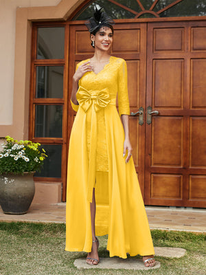 Sheath/Column V-Neck 3/4 Sleeves Lace Evening Dresses with Watteau Train & Bowknot