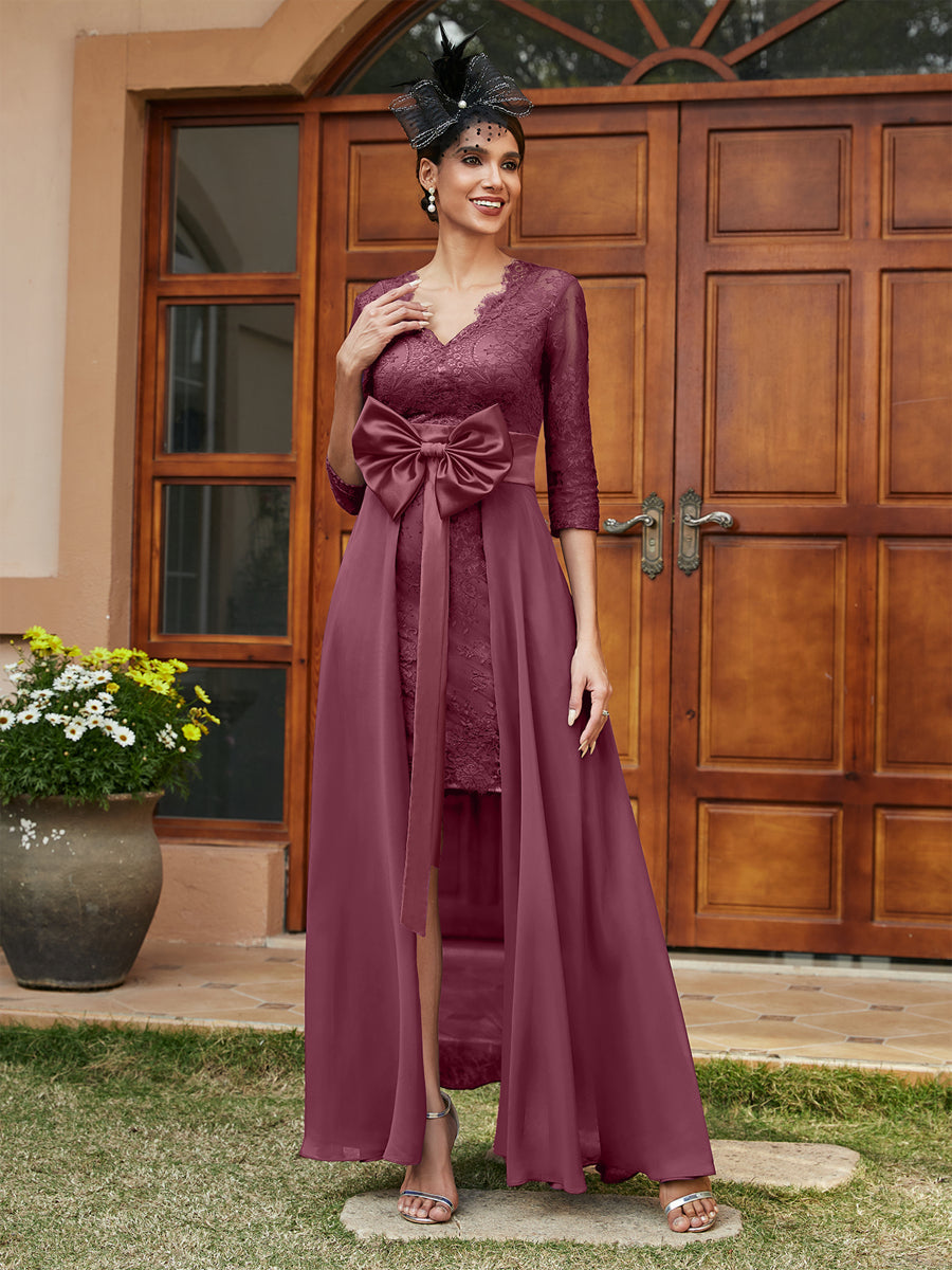 Sheath/Column V-Neck 3/4 Sleeves Lace Evening Dresses with Watteau Train &amp; Bowknot