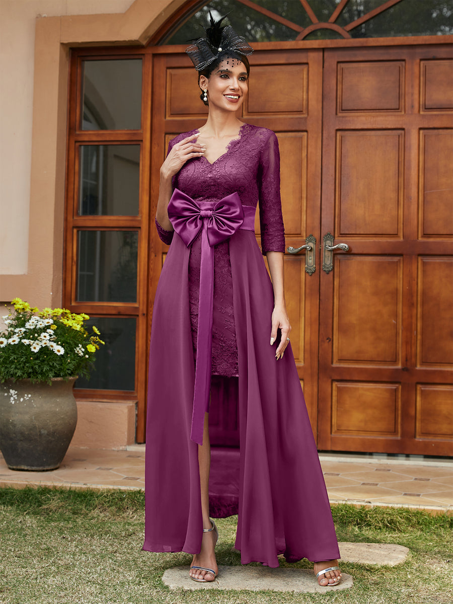 Sheath/Column V-Neck 3/4 Sleeves Lace Evening Dresses with Watteau Train &amp; Bowknot