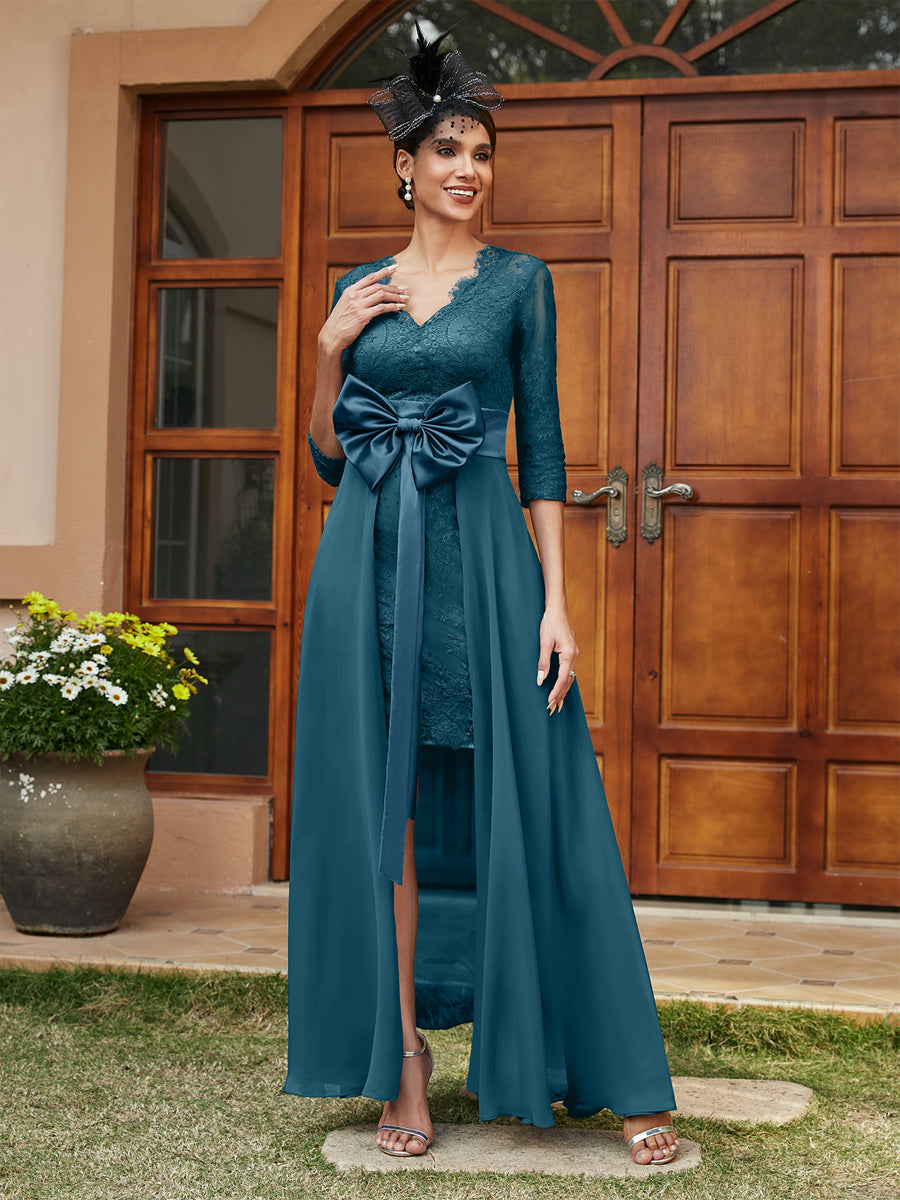 Sheath/Column V-Neck 3/4 Sleeves Lace Evening Dresses with Watteau Train &amp; Bowknot