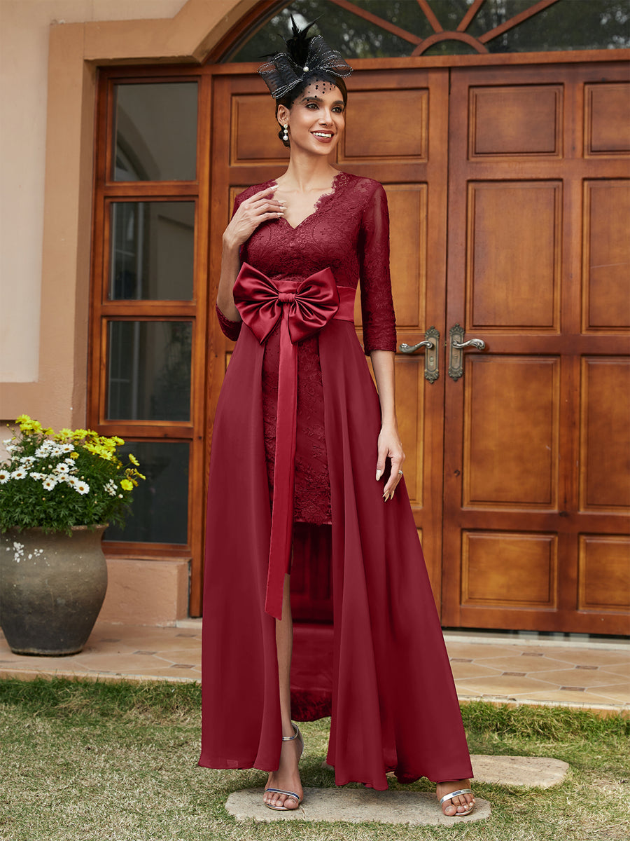 Sheath/Column V-Neck 3/4 Sleeves Lace Evening Dresses with Watteau Train &amp; Bowknot