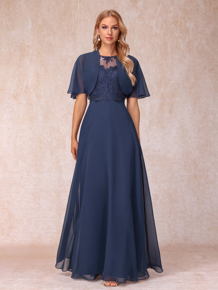A-Line Chiffon Long Mother of the Bride Dresses with Jacket &amp; Appliques