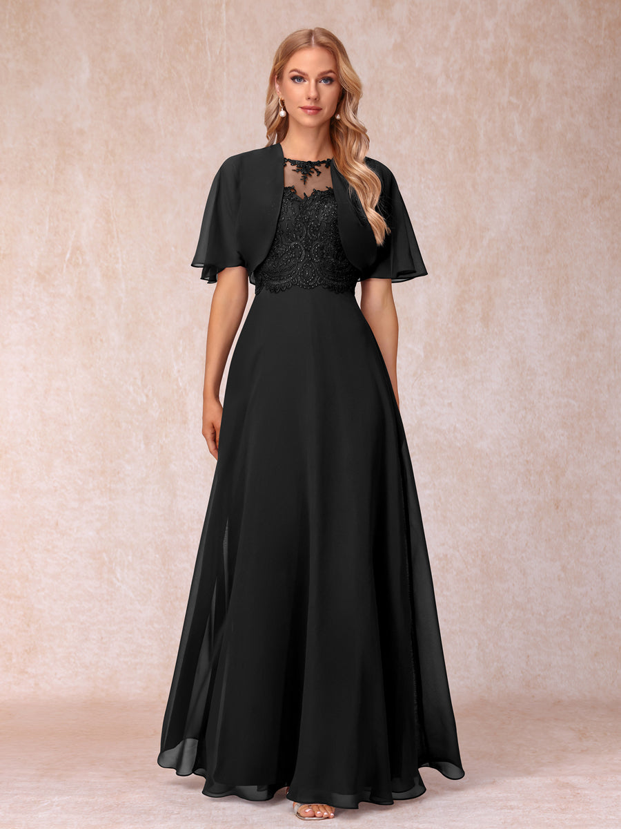 A-Line Chiffon Long Mother of the Bride Dresses with Jacket &amp; Appliques