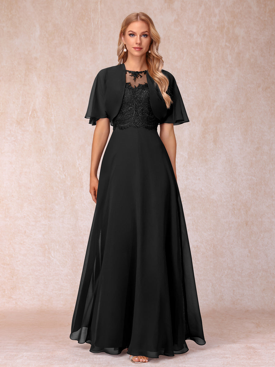A-Line Chiffon Long Mother of the Bride Dresses with Jacket & Appliques