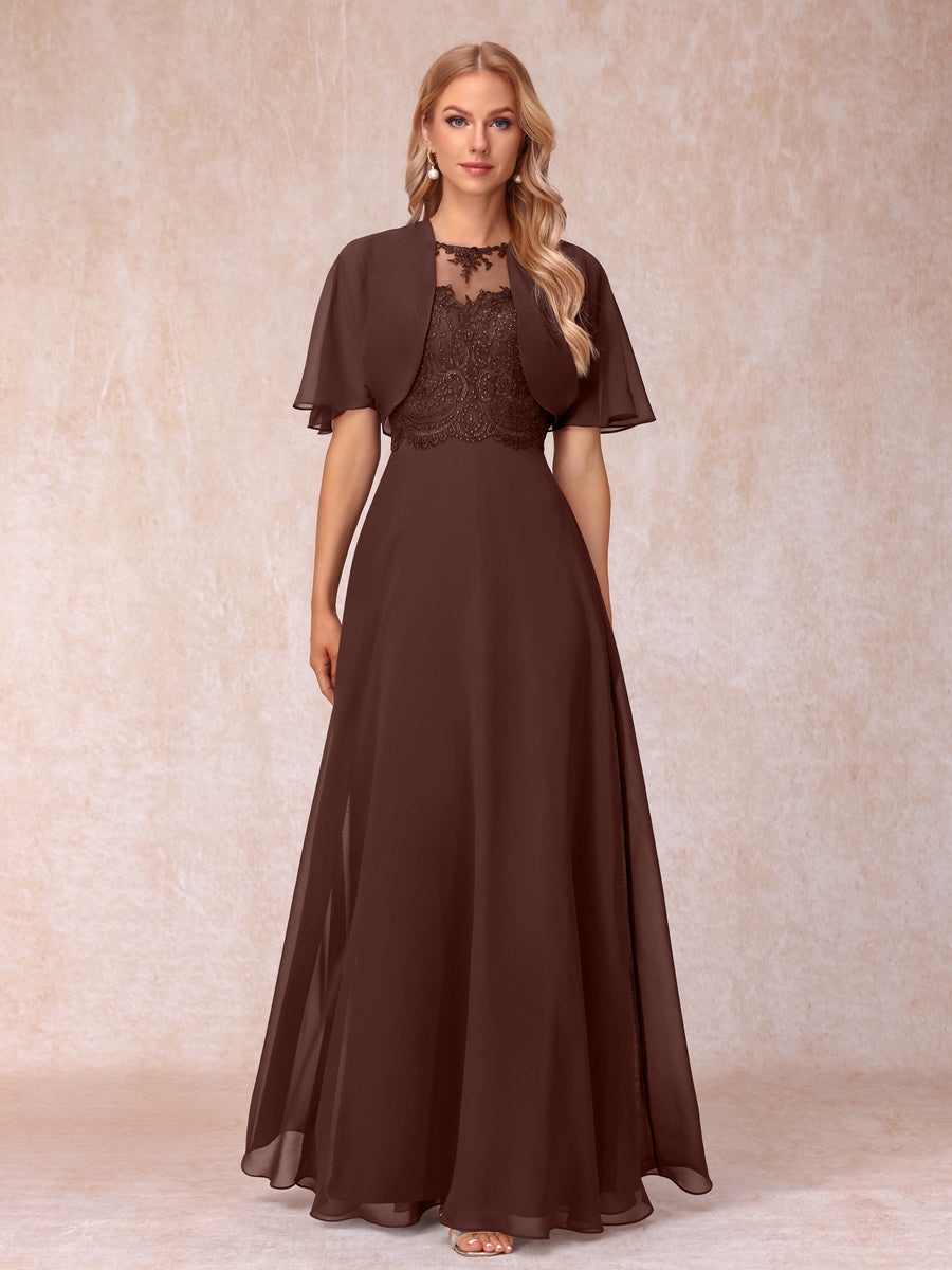 A-Line Chiffon Long Mother of the Bride Dresses with Jacket &amp; Appliques
