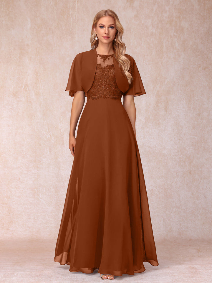 A-Line Chiffon Long Mother of the Bride Dresses with Jacket &amp; Appliques