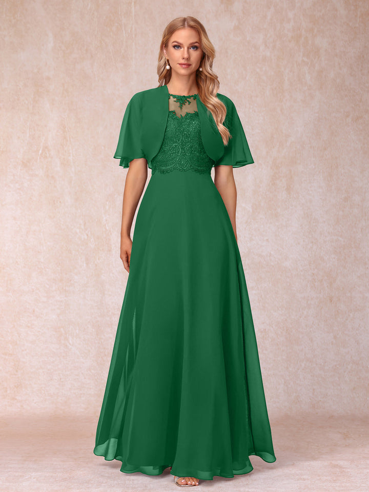 A-Line Chiffon Long Mother of the Bride Dresses with Jacket &amp; Appliques