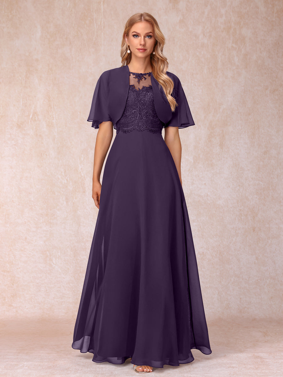 A-Line Chiffon Long Mother of the Bride Dresses with Jacket &amp; Appliques