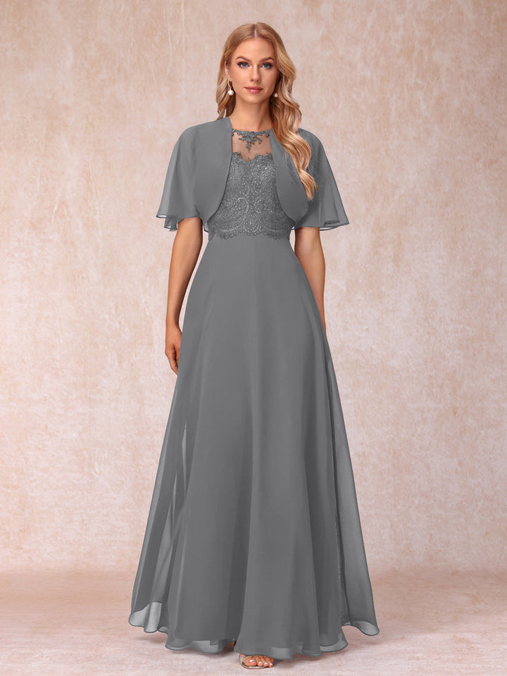 A-Line Chiffon Long Mother of the Bride Dresses with Jacket &amp; Appliques
