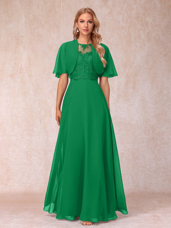 A-Line Chiffon Long Mother of the Bride Dresses with Jacket &amp; Appliques