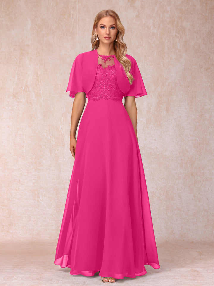 A-Line Chiffon Long Mother of the Bride Dresses with Jacket &amp; Appliques