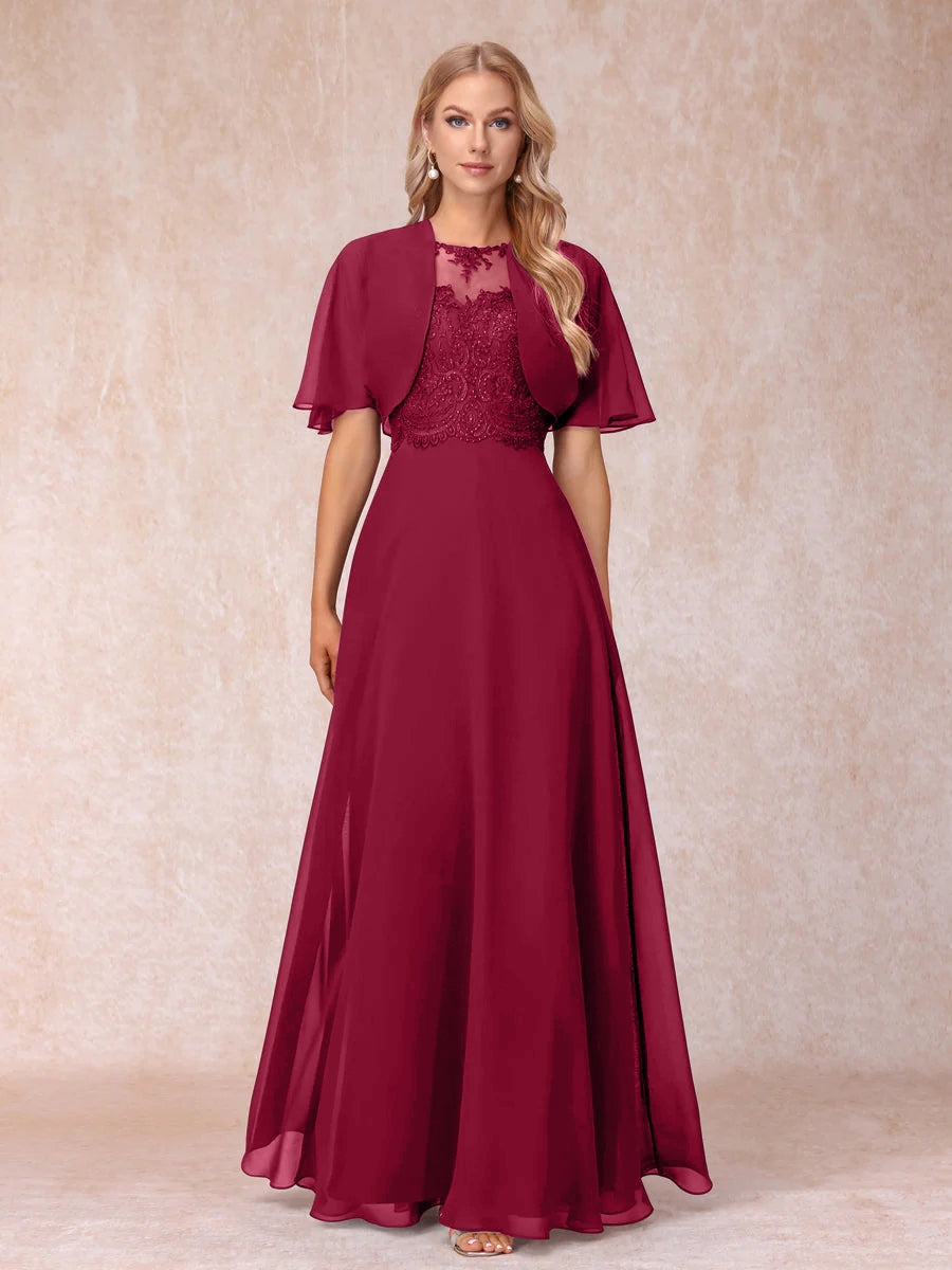 A-Line Chiffon Long Mother of the Bride Dresses with Jacket &amp; Appliques