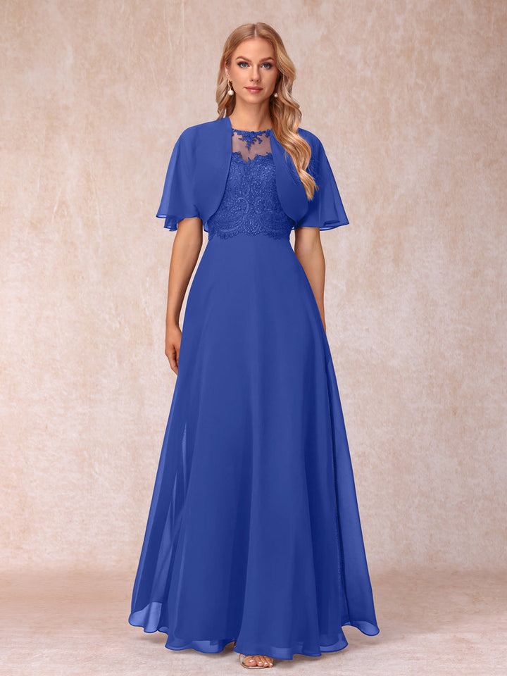 A-Line Chiffon Long Mother of the Bride Dresses with Jacket &amp; Appliques