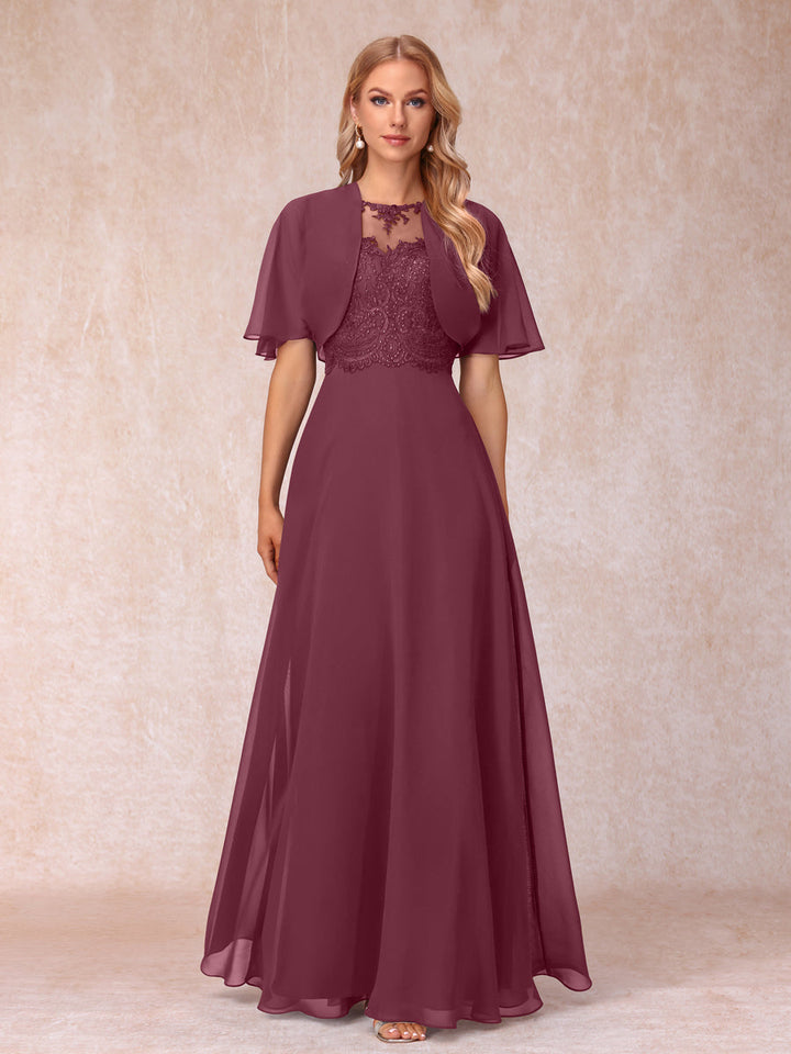 A-Line Chiffon Long Mother of the Bride Dresses with Jacket &amp; Appliques