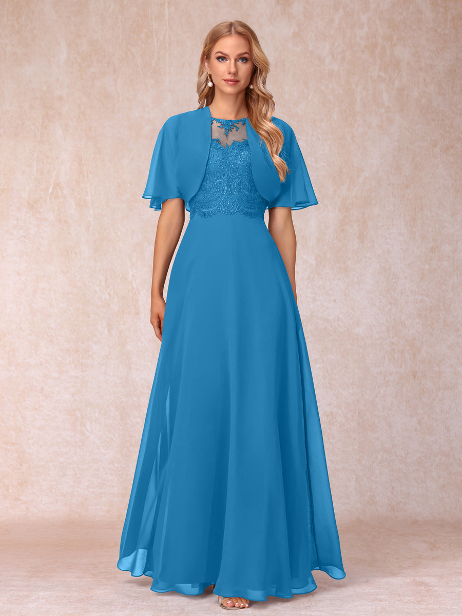 A-Line Chiffon Long Mother of the Bride Dresses with Jacket &amp; Appliques