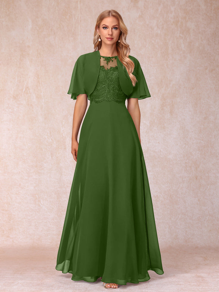 A-Line Chiffon Long Mother of the Bride Dresses with Jacket &amp; Appliques
