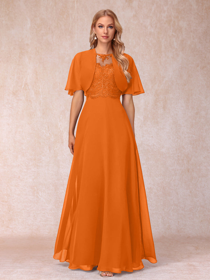 A-Line Chiffon Long Mother of the Bride Dresses with Jacket &amp; Appliques