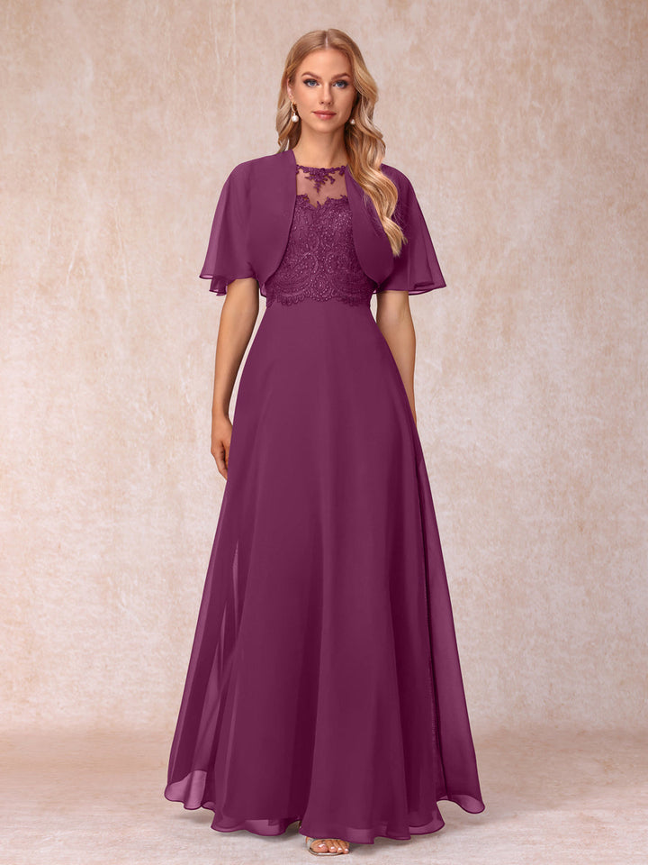 A-Line Chiffon Long Mother of the Bride Dresses with Jacket &amp; Appliques